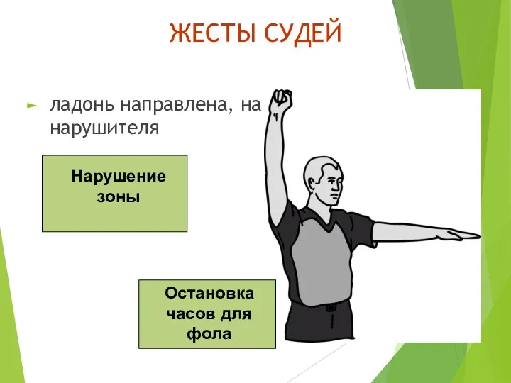 ЖЕСТЫ СУДЕЙ ладонь направлена, на нарушителя Нарушение зоны Остановка часов для фола