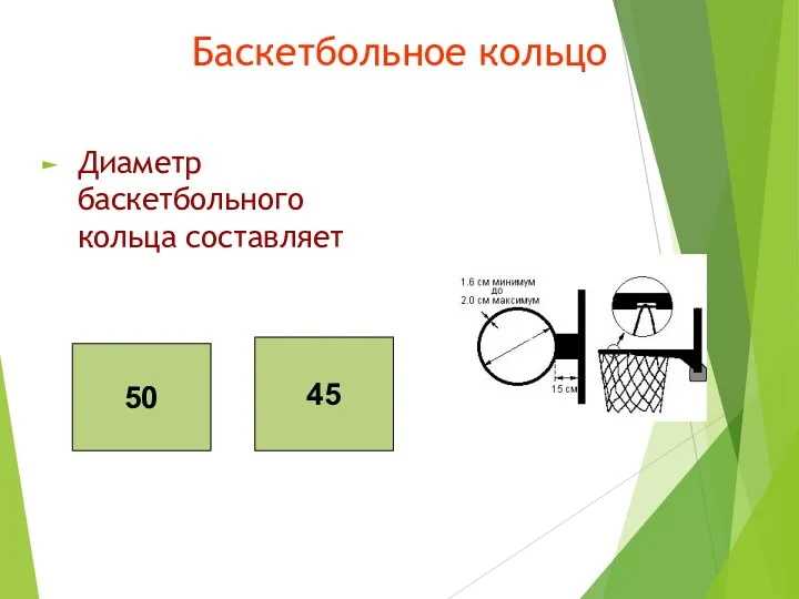 Баскетбольное кольцо Диаметр баскетбольного кольца составляет 50 45 50 45