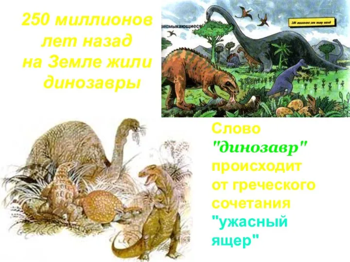 250 миллионов лет назад на Земле жили динозавры Слово "динозавр" происходит от греческого сочетания "ужасный ящер"