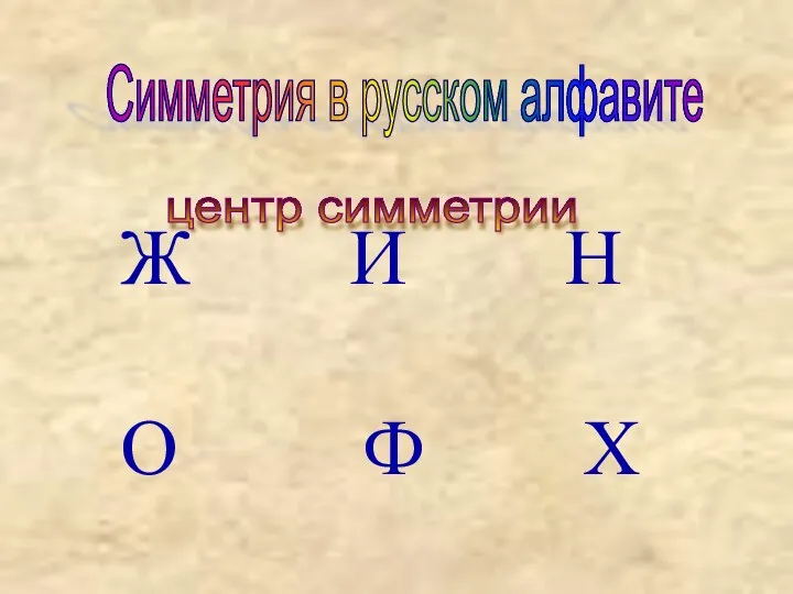 Симметрия в русском алфавите центр симметрии Ж И Н О Ф Х