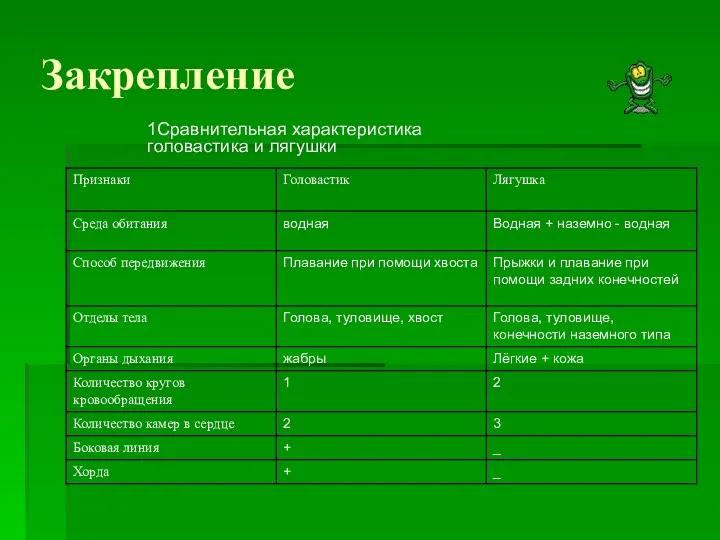 Закрепление 1Сравнительная характеристика головастика и лягушки