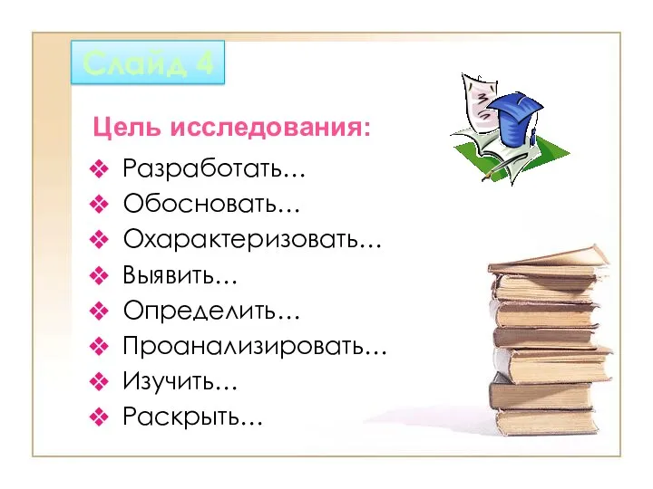 Слайд 4 Разработать… Обосновать… Охарактеризовать… Выявить… Определить… Проанализировать… Изучить… Раскрыть… Цель исследования: