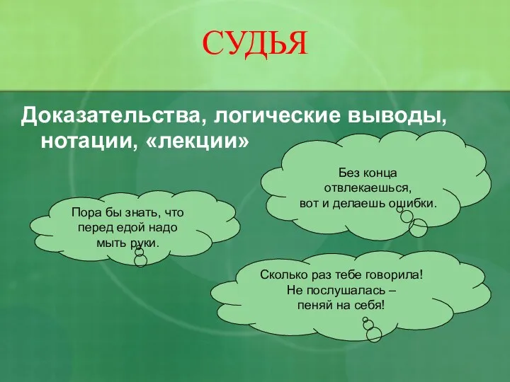 СУДЬЯ Доказательства, логические выводы, нотации, «лекции» Без конца отвлекаешься, вот