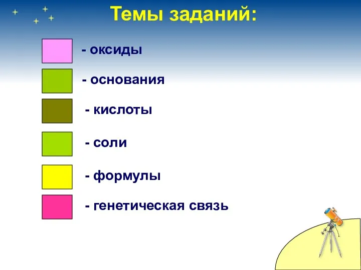 - оксиды - основания - кислоты - формулы - соли - генетическая связь Темы заданий: