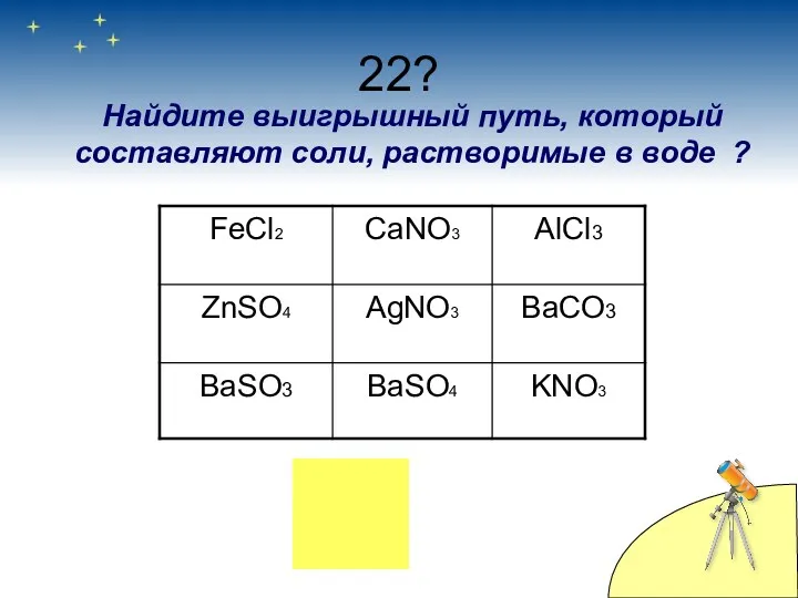 22? Найдите выигрышный путь, который составляют соли, растворимые в воде ?