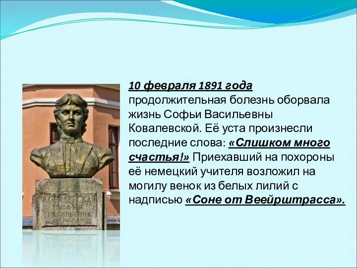 10 февраля 1891 года продолжительная болезнь оборвала жизнь Софьи Васильевны