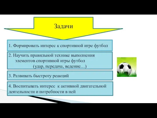 . . Задачи 2. Научить правильной технике выполнения элементов спортивной игры футбол (удар,