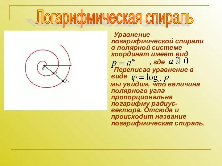 Уравнение логарифмической спирали в полярной системе координат имеет вид ,