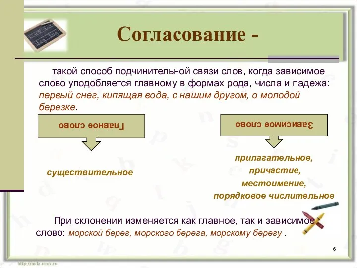 Согласование - такой способ подчинительной связи слов, когда зависимое слово