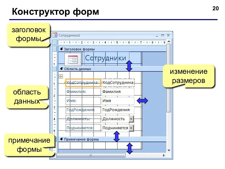 Конструктор форм заголовок формы область данных примечание формы изменение размеров