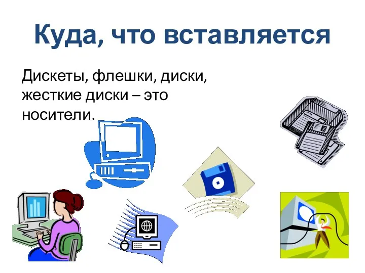 Куда, что вставляется Дискеты, флешки, диски, жесткие диски – это носители.