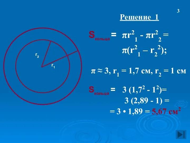 Решение 1 Sкольца = πr21 - πr22 = π(r21 – r22); π ≈