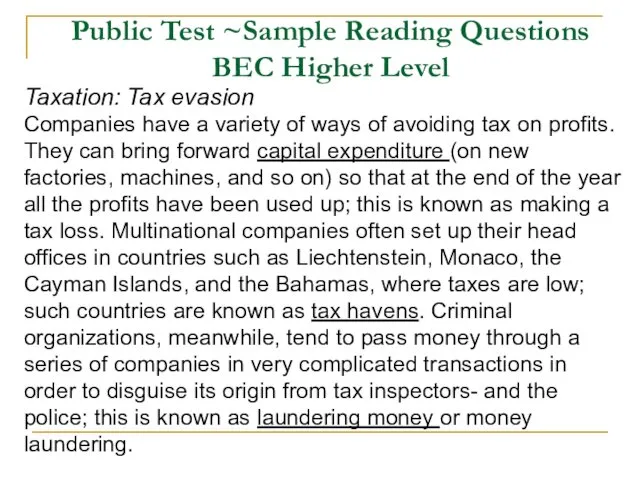 Public Test ~Sample Reading Questions BEC Higher Level Taxation: Tax