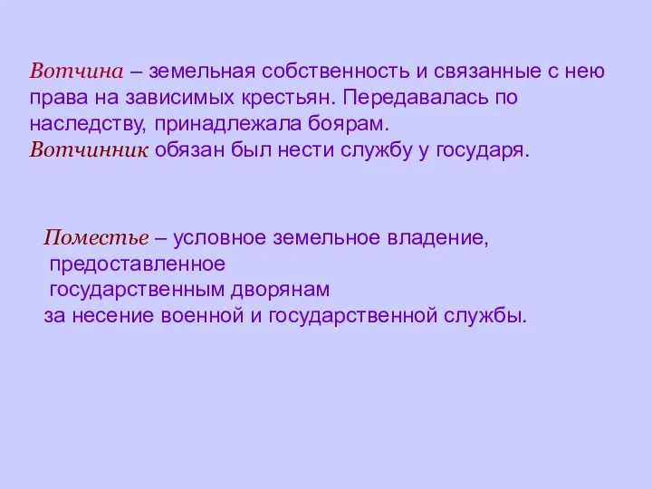 Вотчина – земельная собственность и связанные с нею права на