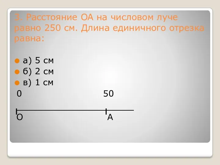 3. Расстояние ОА на числовом луче равно 250 см. Длина