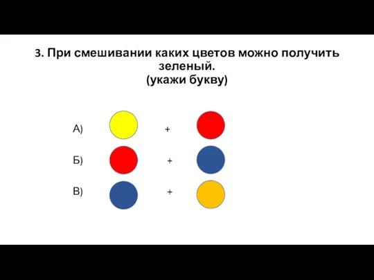 3. При смешивании каких цветов можно получить зеленый. (укажи букву) А) + Б) + В) +