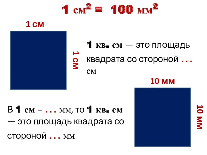 1 кв. см — это площадь квадрата со стороной … см 1 см2 = 100 мм2