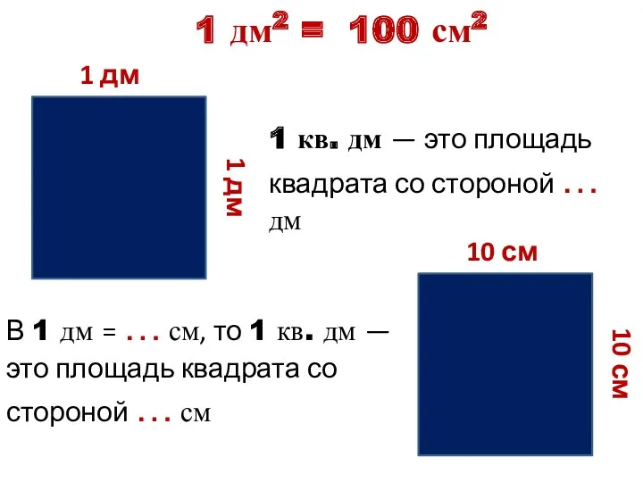 1 кв. дм — это площадь квадрата со стороной … дм 1 дм2 = 100 см2