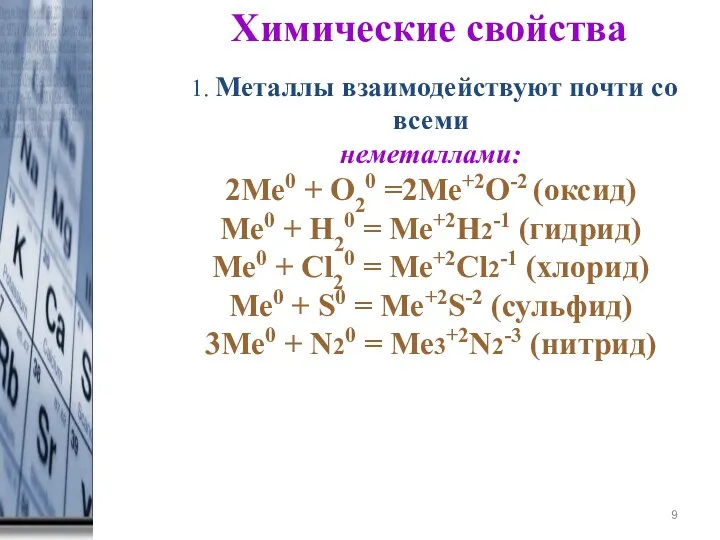 * Химические свойства 1. Металлы взаимодействуют почти со всеми неметаллами: