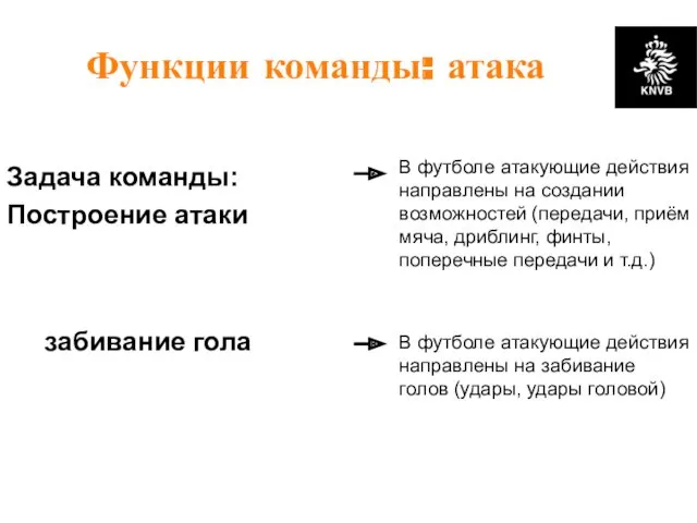 Функции команды: атака Задача команды: Построение атаки забивание гола В