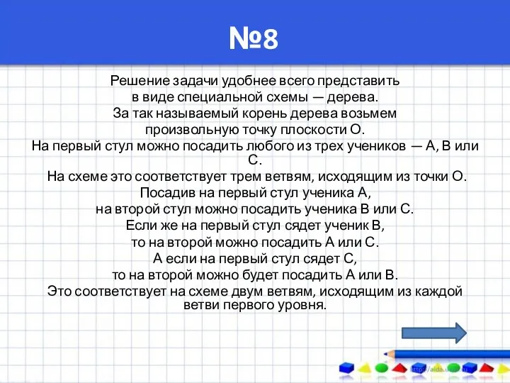 №8 Решение задачи удобнее всего представить в виде специальной схемы