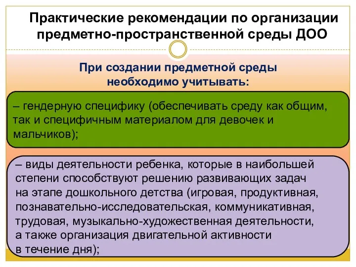 При создании предметной среды необходимо учитывать: – гендерную специфику (обеспечивать среду как общим,