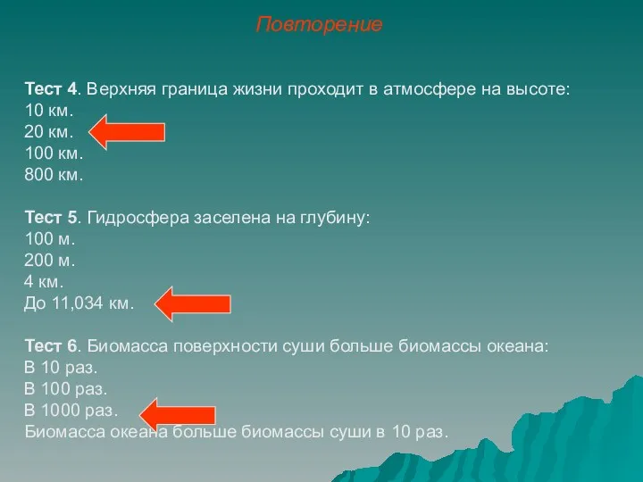 Повторение Тест 4. Верхняя граница жизни проходит в атмосфере на