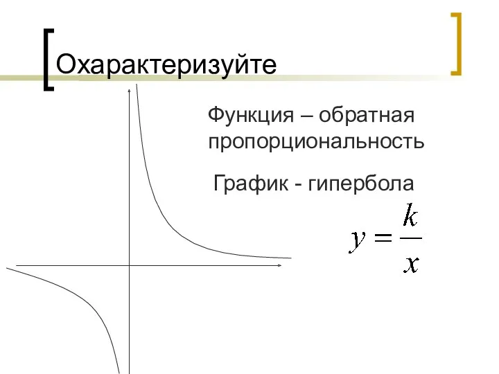 Охарактеризуйте Функция – обратная пропорциональность График - гипербола