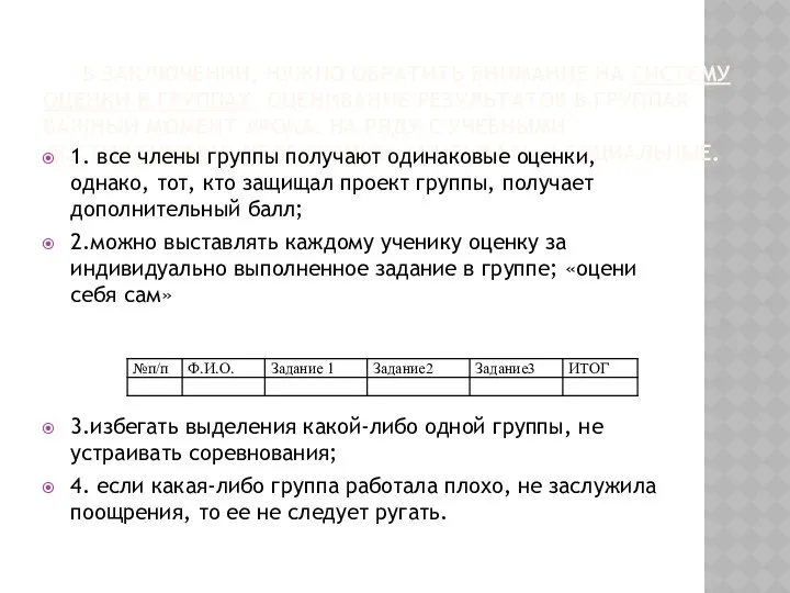 В заключении, нужно обратить внимание на систему оценки в группах. Оценивание результатов в