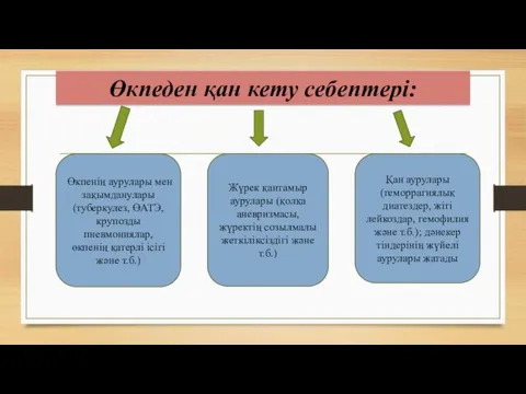 Өкпеден қан кету себептері: Өкпенің аурулары мен зақымданулары (туберкулез, ӨАТЭ,