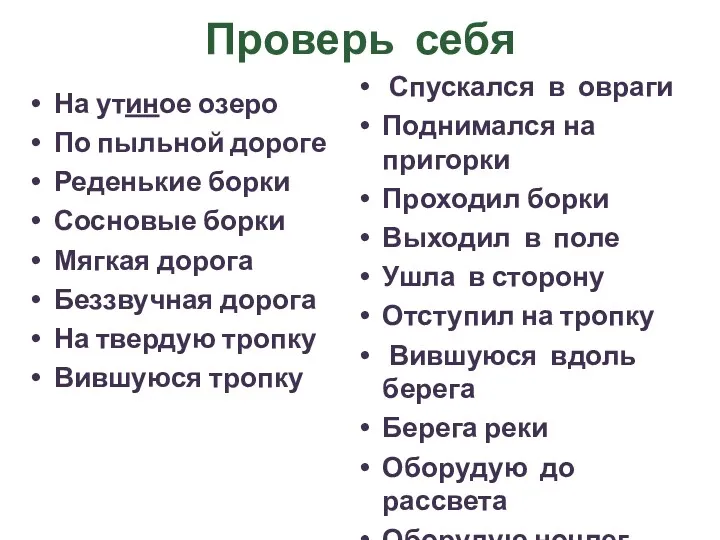 Проверь себя На утиное озеро По пыльной дороге Реденькие борки