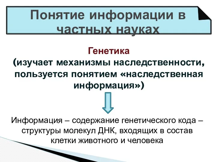 Понятие информации в частных науках Генетика (изучает механизмы наследственности, пользуется понятием «наследственная информация»)