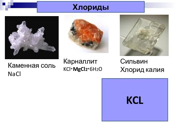 KCL Хлориды Каменная соль NaCl Карналлит KCl*MgCl2*6H2O Сильвин Хлорид калия