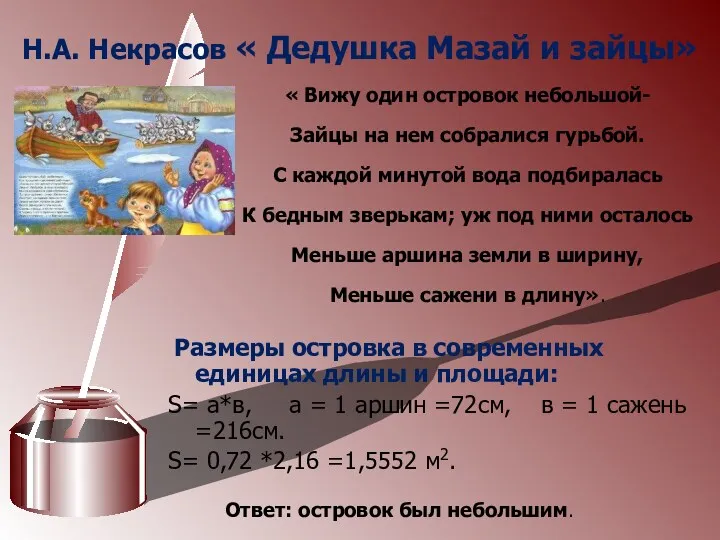 Н.А. Некрасов « Дедушка Мазай и зайцы» Размеры островка в