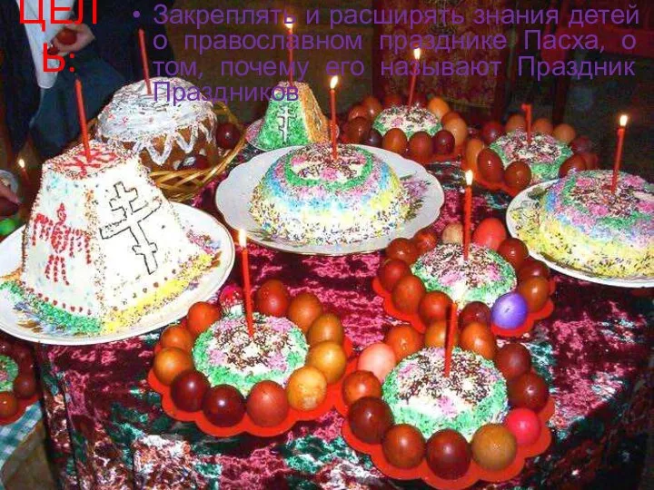 ЦЕЛЬ: Закреплять и расширять знания детей о православном празднике Пасха, о том, почему