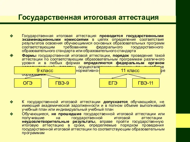 Государственная итоговая аттестация Государственная итоговая аттестация проводится государственными экзаменационными комиссиями в целях определения