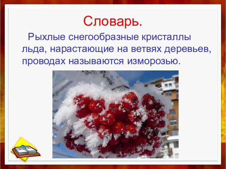 Словарь. Рыхлые снегообразные кристаллы льда, нарастающие на ветвях деревьев, проводах называются изморозью.