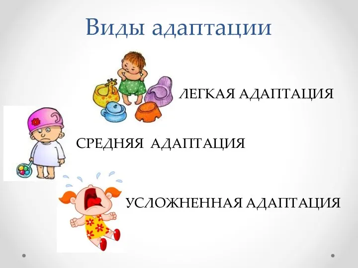 Виды адаптации ЛЕГКАЯ АДАПТАЦИЯ СРЕДНЯЯ АДАПТАЦИЯ УСЛОЖНЕННАЯ АДАПТАЦИЯ