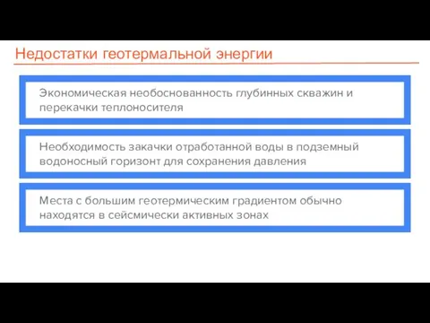 Недостатки геотермальной энергии Экономическая необоснованность глубинных скважин и перекачки теплоносителя