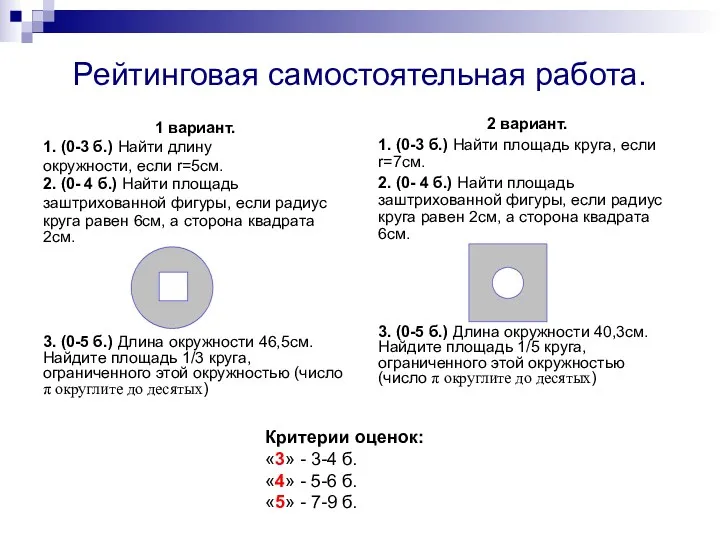 Рейтинговая самостоятельная работа. 1 вариант. 1. (0-3 б.) Найти длину окружности, если r=5см.