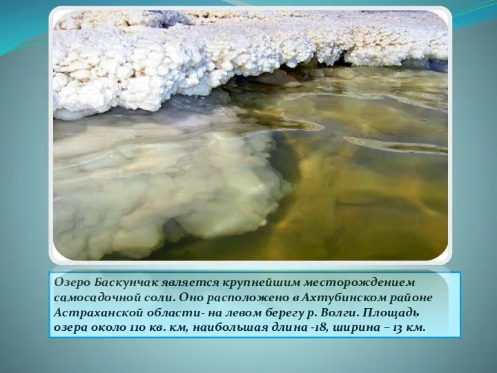 Озеро Баскунчак является крупнейшим месторождением самосадочной соли. Оно расположено в Ахтубинском районе Астраханской