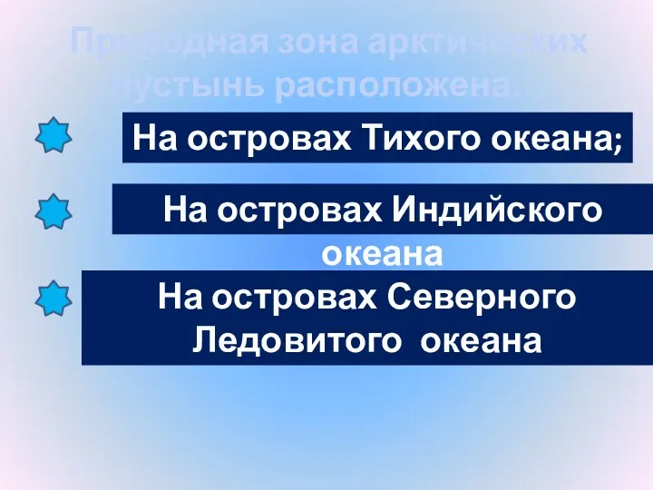 Природная зона арктических пустынь расположена… На островах Тихого океана; На