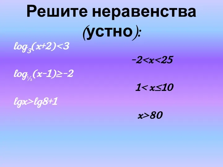 Решите неравенства (устно): log3(x+2) -2 log⅓(x-1)≥-2 1 lgx>lg8+1 x>80