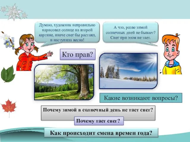 Какие возникают вопросы? Кто прав? Почему зимой в солнечный день не тает снег? Почему тает снег?