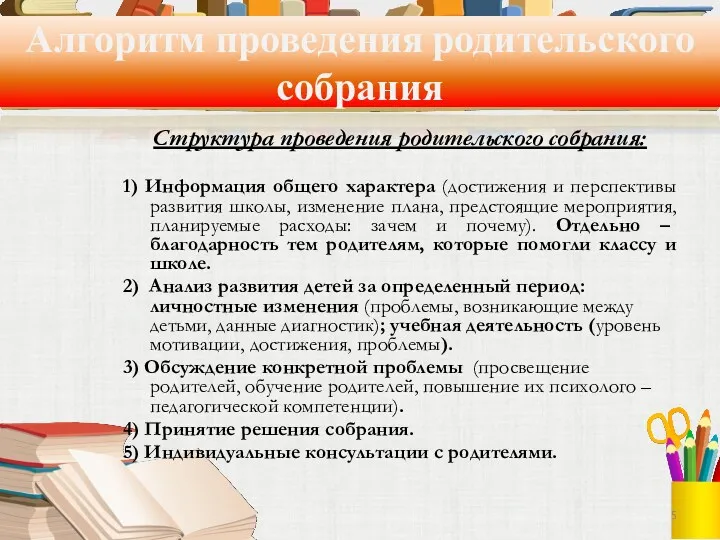 Алгоритм проведения родительского собрания Структура проведения родительского собрания: 1) Информация общего характера (достижения