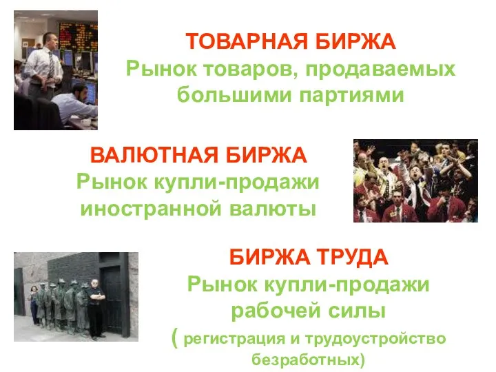 ТОВАРНАЯ БИРЖА Рынок товаров, продаваемых большими партиями ВАЛЮТНАЯ БИРЖА Рынок