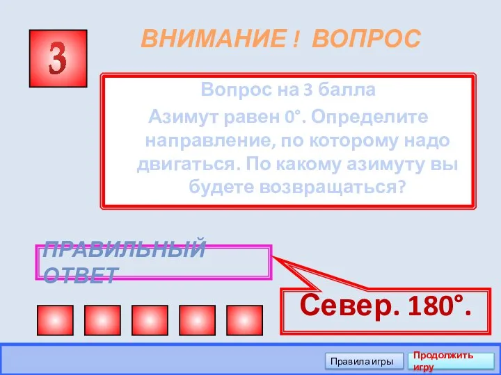 ВНИМАНИЕ ! ВОПРОС Вопрос на 3 балла Азимут равен 0°.