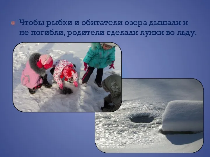 Чтобы рыбки и обитатели озера дышали и не погибли, родители сделали лунки во льду.