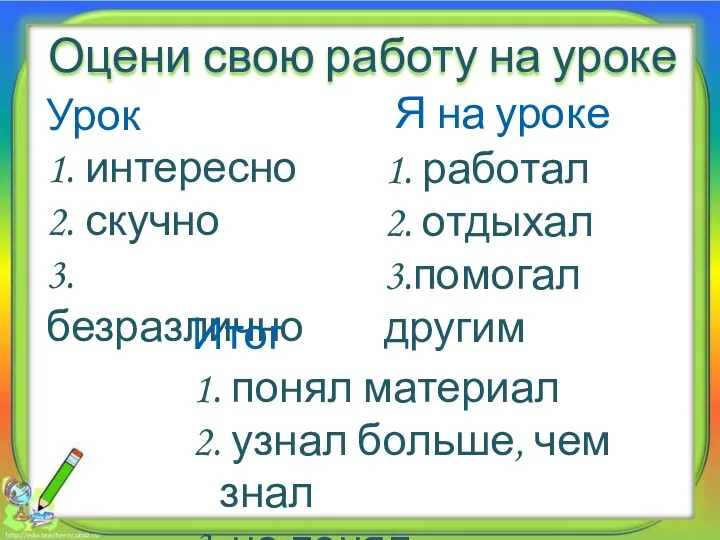 Оцени свою работу на уроке Урок 1. интересно 2. скучно 3.безразлично Итог 1.