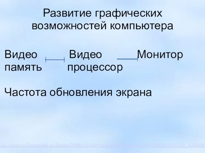 Развитие графических возможностей компьютера http://files.school-collection.edu.ru/dlrstore/70c0bc75-8cb9-4e4a-88b0-23246860c7f2/%5BINF_028%5D_%5BAM_13%5D.swf Видео Видео Монитор память процессор Частота обновления экрана